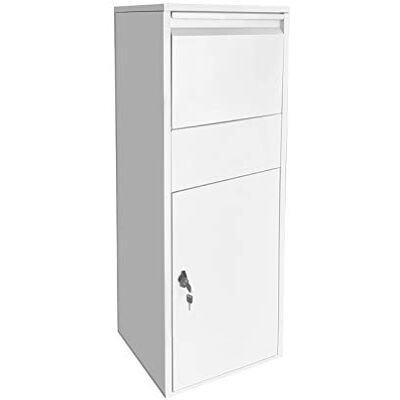 WilTec Boîte à colis verrouillable blanche 460 x 450 x 1400 mm, Boîte aux lettres sur pied, pour colis Taille S et L, Usage domestique courrier WilTec Boîte à colis verrouillable blanche 460 x 450 x 1400 mm, Boîte aux lettres sur pied, pour colis Taille S et L, Usage domestique courrier