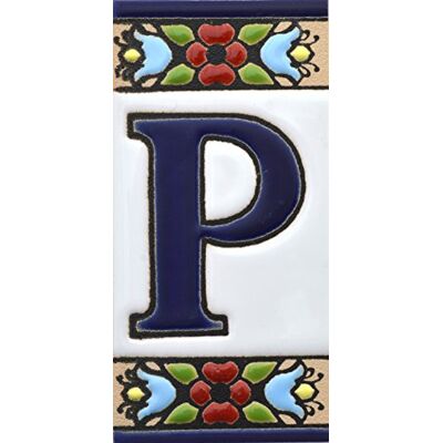 ART Écriteaux numéros et lettres. Carreaux céramique peints à la main avec technique corde sèche (cuerda seca). Noms, directions et signalisation. Dessin FLORES MINI 7,3 cm x 3,5 cm. (LETTRE "P") ART Écriteaux numéros et lettres. Carreaux céramique peints à la main avec technique corde sèche (cuerda seca). Noms, directions et signalisation. Dessin FLORES MINI 7,3 cm x 3,5 cm. (LETTRE "P")