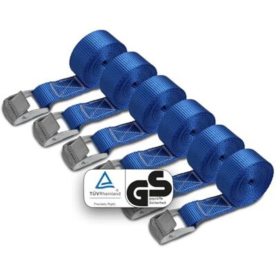 BB Sport Sangle d'Arrimage à Griffe Fixation 250 kg 6 pièces 2,5cm x 2,5m Sangle de Déménagement, TÜV, Serrage, Bleu, Camion, Remorque, Palette, DIN EN 12195-2, Polyester BB Sport Sangle d'Arrimage à Griffe Fixation 250 kg 6 pièces 2,5cm x 2,5m Sangle de Déménagement, TÜV, Serrage, Bleu, Camion, Remorque, Palette, DIN EN 12195-2, Polyester
