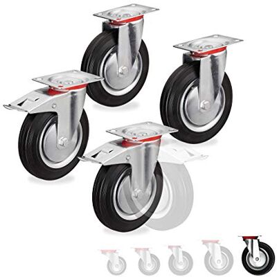 Relaxdays Roues charge lourde jeu de 4, pivotent à 360°, roulement à billes, 2 freins, capacité 800 kg, 200 mm, noires Relaxdays Roues charge lourde jeu de 4, pivotent à 360°, roulement à billes, 2 freins, capacité 800 kg, 200 mm, noires