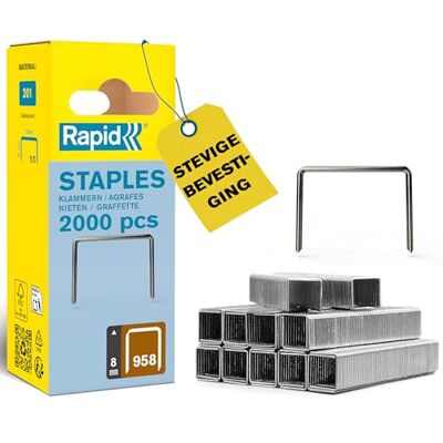 Rapid tackernieten No. 958, 8 mm, 2.000 stuks fijndraadnieten Compatibel met Esco & Novus tackeren; gegalvaniseerd staal; precieze aansnijding; voor hout, stoffen en leer; 8 mm lengte Rapid tackernieten No. 958, 8 mm, 2.000 stuks fijndraadnieten Compatibel met Esco & Novus tackeren; gegalvaniseerd staal; precieze aansnijding; voor hout, stoffen en leer; 8 mm lengte