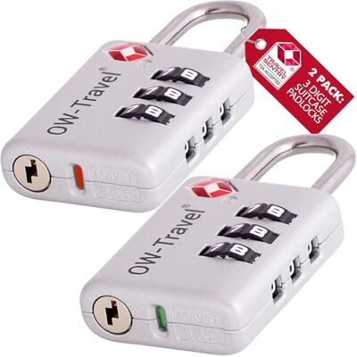 OW-Travel Cadenas Valise Avion, Cadenas TSA Code 3 Chiffres Argent Lot de 2 Cadenas TSA valise avion avec témoin d'ouverture pour bagages, casiers, sacs à dos et serrure à combinaison pour avion et USA OW-Travel Cadenas Valise Avion, Cadenas TSA Code 3 Chiffres Argent Lot de 2 Cadenas TSA valise avion avec témoin d'ouverture pour bagages, casiers, sacs à dos et serrure à combinaison pour avion et USA