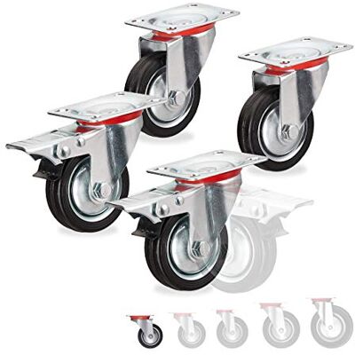 Relaxdays Roues charge lourde jeu de 4, pivotent à 360°, roulement à billes, 2 freins, grande capacité, 75 mm, 200kg Relaxdays Roues charge lourde jeu de 4, pivotent à 360°, roulement à billes, 2 freins, grande capacité, 75 mm, 200kg