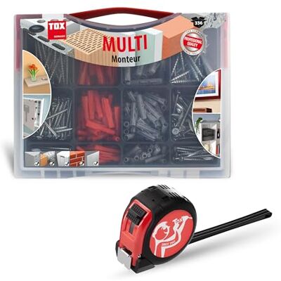 TOX Assortiment Monteur Multi 336 pcs + mètre ruban 5 m, chevilles TRI et Barracuda 5, 6, 8 mm avec vis, pour presque tous matériaux de construction, mètre inclus, réf. 094909136. TOX Assortiment Monteur Multi 336 pcs + mètre ruban 5 m, chevilles TRI et Barracuda 5, 6, 8 mm avec vis, pour presque tous matériaux de construction, mètre inclus, réf. 094909136.