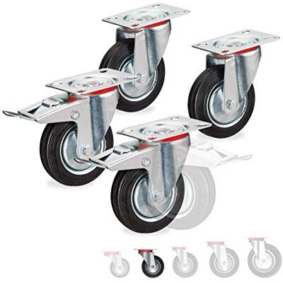 Relaxdays Roues charge lourde jeu de 4, pivotent à 360°, roulement à billes, 2 freins, 280 kg, 100mm, noires Relaxdays Roues charge lourde jeu de 4, pivotent à 360°, roulement à billes, 2 freins, 280 kg, 100mm, noires