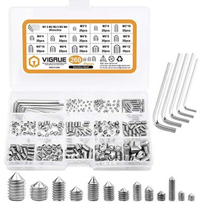VIGRUE Lot de 260 vis sans tête à pointe conique Hex Assortiment de vis M3 M4 M5 M6 M8 En acier inoxydable VIGRUE Lot de 260 vis sans tête à pointe conique Hex Assortiment de vis M3 M4 M5 M6 M8 En acier inoxydable