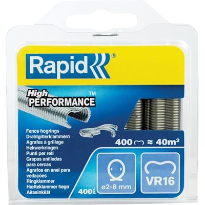 Rapid hek-ringnieten VR16 gegalvaniseerd, 400 stuks voor gaashek Voor Ø 2–8 mm draden; kunststof ommanteld; zilver; 400 stuks; compatibel met FP20 & FP216 hektangen Rapid hek-ringnieten VR16 gegalvaniseerd, 400 stuks voor gaashek Voor Ø 2–8 mm draden; kunststof ommanteld; zilver; 400 stuks; compatibel met FP20 & FP216 hektangen