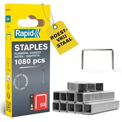 Rapid tackernieten roestvrij staal No. 53, 6 mm, V2A fijndraadnieten Roestvrij V2A roestvrij staal; precieze aansnijding; voor No. 53 tackeren; voor hout, stoffen en textiel; 6 mm lengte Rapid tackernieten roestvrij staal No. 53, 6 mm, V2A fijndraadnieten Roestvrij V2A roestvrij staal; precieze aansnijding; voor No. 53 tackeren; voor hout, stoffen en textiel; 6 mm lengte