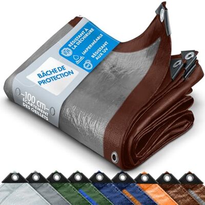 KARAT Bâche de protection imperméable, indéchirable, avec revêtement double face, œillets en acier inoxydable, utilisation polyvalente, 1,5 x 6 m, 80 g/m², marron/argent KARAT Bâche de protection imperméable, indéchirable, avec revêtement double face, œillets en acier inoxydable, utilisation polyvalente, 1,5 x 6 m, 80 g/m², marron/argent