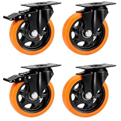 Relaxdays Roulettes Pivotantes Lot de 4, 125 mm, 600 kg, frein, noir/orange plaque acier, plastique, charges lourdes Relaxdays Roulettes Pivotantes Lot de 4, 125 mm, 600 kg, frein, noir/orange plaque acier, plastique, charges lourdes
