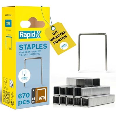 Rapid tackernieten No. 970, 14 mm, 672 stuks vlakdraadnieten Compatibel met Black & Decker tackeren; gegalvaniseerd staal; precieze aansnijding; voor folie & isolaties; 14 mm lengte Rapid tackernieten No. 970, 14 mm, 672 stuks vlakdraadnieten Compatibel met Black & Decker tackeren; gegalvaniseerd staal; precieze aansnijding; voor folie & isolaties; 14 mm lengte
