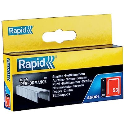 Rapid tackernieten No. 53, 8 mm, 2.500 stuks fijndraadnieten Gegalvaniseerd; precieze aansnijding; compatibel met No. 53 tackeren; voor hout, stoffen en leer; 8 mm lengte Rapid tackernieten No. 53, 8 mm, 2.500 stuks fijndraadnieten Gegalvaniseerd; precieze aansnijding; compatibel met No. 53 tackeren; voor hout, stoffen en leer; 8 mm lengte