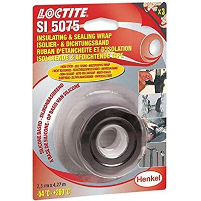 Loctite SI 5075 Ruban isolant et d'étanchéité, en silicone auto-soudant, pour réparations temporaires sur tuyaux et tuyaux flexibles, de -54 °C à +260 °C, 2,5 cm x 4,27 m, noir Loctite SI 5075 Ruban isolant et d'étanchéité, en silicone auto-soudant, pour réparations temporaires sur tuyaux et tuyaux flexibles, de -54 °C à +260 °C, 2,5 cm x 4,27 m, noir