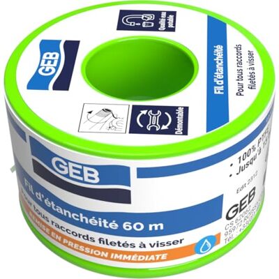 GEB Fil d'étanchéité 100% PTFE pour tous les raccords vissés Bobine 60m GEB Fil d'étanchéité 100% PTFE pour tous les raccords vissés Bobine 60m
