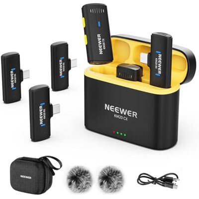 NEEWER Système de Microphone Cravate sans Fil, Mini Micro-Cravate à Pince avec 2 émetteurs USB-C, 4 récepteurs et Adaptateur OTG, Compatible avec iPhone, Android, Ordinateur, Tablette, Noir, KM20 NEEWER Système de Microphone Cravate sans Fil, Mini Micro-Cravate à Pince avec 2 émetteurs USB-C, 4 récepteurs et Adaptateur OTG, Compatible avec iPhone, Android, Ordinateur, Tablette, Noir, KM20
