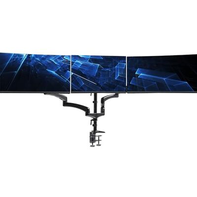 VIVO STAND-V300G Support de bureau réglable en hauteur pour triple écran, 2 bras pneumatiques, 1 support fixe, contrepoids, capacité de charge de 8 kg par écran, VESA max 100 x 100, convient aux VIVO STAND-V300G Support de bureau réglable en hauteur pour triple écran, 2 bras pneumatiques, 1 support fixe, contrepoids, capacité de charge de 8 kg par écran, VESA max 100 x 100, convient aux