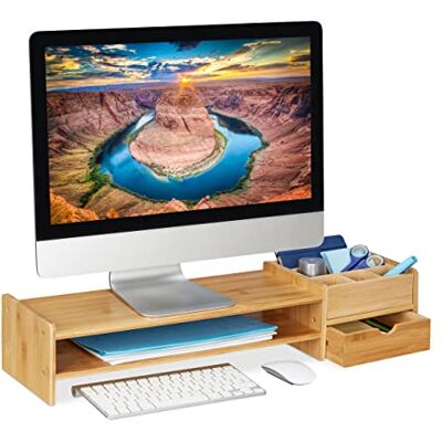 Relaxdays Support d'écran en bambou, rehausseur d'écran pour bureau, H x l x P : 13 x 70 x 19 cm, tiroir et 7 compartiments, naturel Relaxdays Support d'écran en bambou, rehausseur d'écran pour bureau, H x l x P : 13 x 70 x 19 cm, tiroir et 7 compartiments, naturel