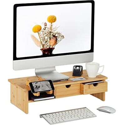 Relaxdays Support d'écran en bambou, 2 tiroirs, support pour téléphone portable, H x l x P : 14 x 54 x 23 cm, surélevé pour écran, couleur naturelle Relaxdays Support d'écran en bambou, 2 tiroirs, support pour téléphone portable, H x l x P : 14 x 54 x 23 cm, surélevé pour écran, couleur naturelle