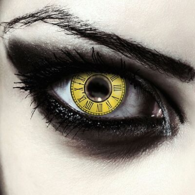 Designlenses lentilles de couleur jaune pour halloween costume, avec motif d'horloge, 1 paire (2 pcs), sans correction + étui à lentilles "Kurumi Designlenses lentilles de couleur jaune pour halloween costume, avec motif d'horloge, 1 paire (2 pcs), sans correction + étui à lentilles "Kurumi