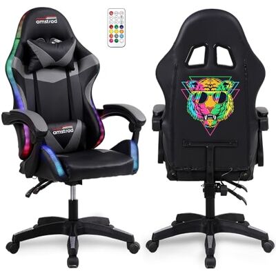 Amstrad AMS-900-LED-TIGER Fauteuil Gaming Noir et Gris Serigraphie Tiger Eclairage LED 366 Effets Télécommande Amstrad AMS-900-LED-TIGER Fauteuil Gaming Noir et Gris Serigraphie Tiger Eclairage LED 366 Effets Télécommande