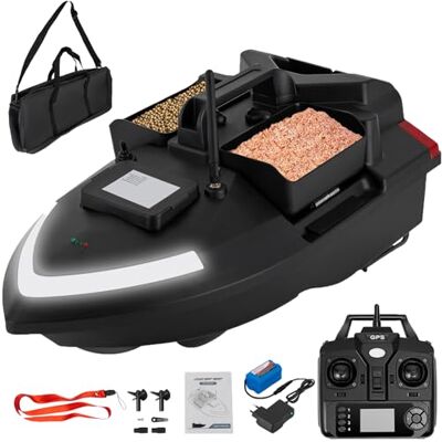 CHERIKIU Bateau à appât RC 500 m Avec GPS et 3 boîtes à appâts En ABS Télécommande Bateau de pêche Projecteur de recherche et batterie 12 000 mAh Noir CHERIKIU Bateau à appât RC 500 m Avec GPS et 3 boîtes à appâts En ABS Télécommande Bateau de pêche Projecteur de recherche et batterie 12 000 mAh Noir