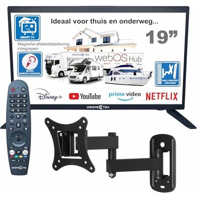 Unispectra ® 19” Smart TV (webOS) ELED + Télécommande Magique 12v HDR 230v 24v TV TNT et tuner SAT. Téléviseurs 12V pour camping-cars, caravanes, fourgonnettes, bateaux Unispectra ® 19” Smart TV (webOS) ELED + Télécommande Magique 12v HDR 230v 24v TV TNT et tuner SAT. Téléviseurs 12V pour camping-cars, caravanes, fourgonnettes, bateaux