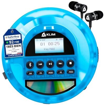 KLIM Nomad Baladeur CD portable avec batterie longue durée avec écouteurs Discman Lecteur MP3 Carte TF Radio FM Bluetooth AUX Idéal pour la maison, les voitures Version Bleu transparent KLIM Nomad Baladeur CD portable avec batterie longue durée avec écouteurs Discman Lecteur MP3 Carte TF Radio FM Bluetooth AUX Idéal pour la maison, les voitures Version Bleu transparent