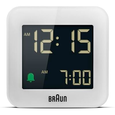 Braun Réveil de Voyage numérique avec Fonction Snooze, Taille compacte, écran LCD négatif, réglage Rapide, bip de l’Alarme en Crescendo, en Blanc, modèle BC08W Braun Réveil de Voyage numérique avec Fonction Snooze, Taille compacte, écran LCD négatif, réglage Rapide, bip de l’Alarme en Crescendo, en Blanc, modèle BC08W