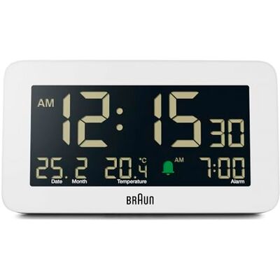 Braun Réveil numérique avec affichage de la date, du mois et de la température, écran LCD négatif, réglage rapide et bip d'alarme gonflant en blanc, modèle BC10W. Braun Réveil numérique avec affichage de la date, du mois et de la température, écran LCD négatif, réglage rapide et bip d'alarme gonflant en blanc, modèle BC10W.