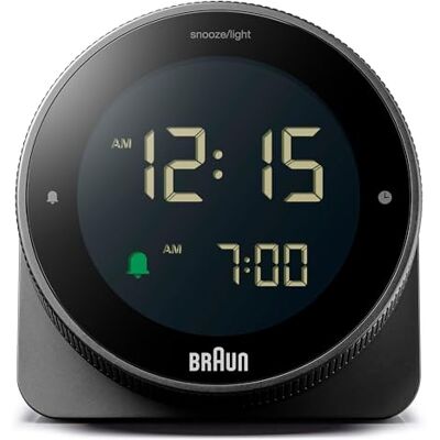 Braun Réveil numérique avec répétition, écran LCD négatif, lunette rotative pour réglage rapide de l'heure, alarme sonore Crescendo en noir, modèle BC24B. Braun Réveil numérique avec répétition, écran LCD négatif, lunette rotative pour réglage rapide de l'heure, alarme sonore Crescendo en noir, modèle BC24B.