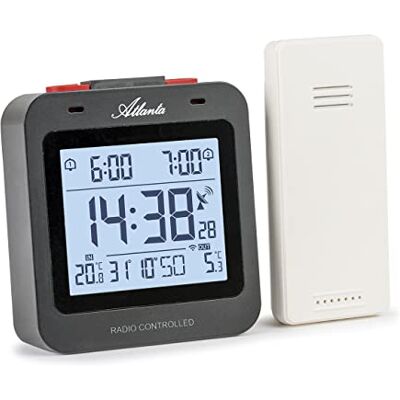 Atlanta 1888-7 Réveil radio-piloté numérique avec éclairage LCD, température 2 alarmes, arrêt sur le dessus, noir Atlanta 1888-7 Réveil radio-piloté numérique avec éclairage LCD, température 2 alarmes, arrêt sur le dessus, noir