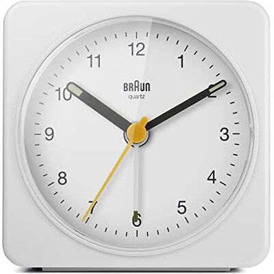 Braun Classic Analogue Alarm Clock with Snooze and Light, Quiet Quartz Sweeping Movement, Crescendo Beep Alarm in White, Model BC03W, Marron, Taille unique, Poignet Braun Classic Analogue Alarm Clock with Snooze and Light, Quiet Quartz Sweeping Movement, Crescendo Beep Alarm in White, Model BC03W, Marron, Taille unique, Poignet