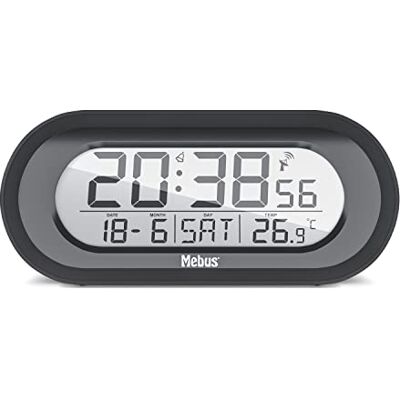 Mebus Réveil radio-piloté avec affichage de la température, horloge radio-pilotée, fonction réveil avec snooze, éclairage d'affichage, calendrier, thermomètre intérieur, fuseaux horaires, couleur: Mebus Réveil radio-piloté avec affichage de la température, horloge radio-pilotée, fonction réveil avec snooze, éclairage d'affichage, calendrier, thermomètre intérieur, fuseaux horaires, couleur: