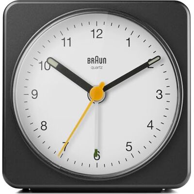 Braun Classic Analogue Alarm Clock with Snooze and Light, Quiet Quartz Sweeping Movement, Crescendo Beep Alarm in Black and White, Model BC03BW. Braun Classic Analogue Alarm Clock with Snooze and Light, Quiet Quartz Sweeping Movement, Crescendo Beep Alarm in Black and White, Model BC03BW.