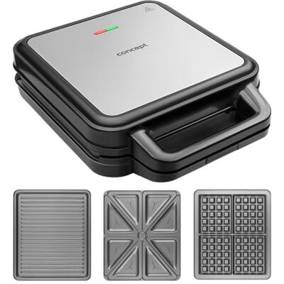 Concept SV3080 Machine à croque-monsieur avec plaques d'échange Family 3 en 1 1200 W Gris Noir Concept SV3080 Machine à croque-monsieur avec plaques d'échange Family 3 en 1 1200 W Gris Noir
