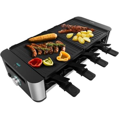 Cecotec Raclette et Gril Cheese&Grill 16000 Inox Black. 8 personnes, Grill de 1400 W, 40 x 22 cm, Thermostat réglable, Plaque de cuisson antiadhésive, Comprend 8 poêlons et 8 spatules Cecotec Raclette et Gril Cheese&Grill 16000 Inox Black. 8 personnes, Grill de 1400 W, 40 x 22 cm, Thermostat réglable, Plaque de cuisson antiadhésive, Comprend 8 poêlons et 8 spatules