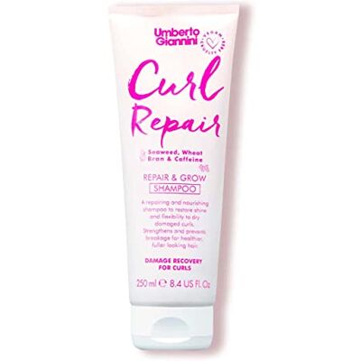 Umberto Giannini Curl Repair Shampooing végétalien et sans cruauté envers les animaux Formule réparatrice et croissance aux algues, son de blé et caféine, 250 ml Umberto Giannini Curl Repair Shampooing végétalien et sans cruauté envers les animaux Formule réparatrice et croissance aux algues, son de blé et caféine, 250 ml