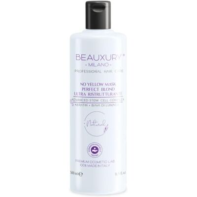 Beauxury Milano Masque anti-jaune reconstruction pour cheveux blonds endommagés shampooing masque 500 ml nouveau pigment anti-taches pour décoloré Platine gris argent sans jaune bave d'escargot kératine Beauxury Milano Masque anti-jaune reconstruction pour cheveux blonds endommagés shampooing masque 500 ml nouveau pigment anti-taches pour décoloré Platine gris argent sans jaune bave d'escargot kératine