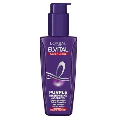 L'Oreal Paris L'Oréal Paris Elvital Huile capillaire pour cheveux blonds, méchés, gris, neutralise les tons jaunes, Color Glanz Purple Huile vivifiante contre le jaunissement, 1 x 100 ml L'Oreal Paris L'Oréal Paris Elvital Huile capillaire pour cheveux blonds, méchés, gris, neutralise les tons jaunes, Color Glanz Purple Huile vivifiante contre le jaunissement, 1 x 100 ml