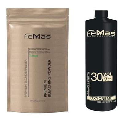 Femmas Kit de poudre de décoloration 500 g végétalien et développeur 9 % 1 l I ultra forte et sans poussière I Avec huiles nutritives I Kit de blanchiment pour la maison de qualité salon I Femmas Kit de poudre de décoloration 500 g végétalien et développeur 9 % 1 l I ultra forte et sans poussière I Avec huiles nutritives I Kit de blanchiment pour la maison de qualité salon I