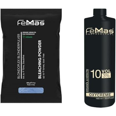 Femmas Kit de blanchiment en poudre à l'huile d'argan 500 g et développeur 3 % 1 l I Kit de démarrage parfait pour l'éclaircissement à la maison I Pour une décoloration jusqu'à 7 tons de qualité salon Femmas Kit de blanchiment en poudre à l'huile d'argan 500 g et développeur 3 % 1 l I Kit de démarrage parfait pour l'éclaircissement à la maison I Pour une décoloration jusqu'à 7 tons de qualité salon