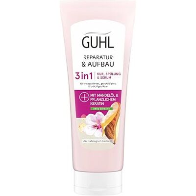 Guhl Cure, après-shampooing et sérum 3 en 1 Contenance : 200 ml Pour cheveux sollicités, abîmés et abîmés Guhl Cure, après-shampooing et sérum 3 en 1 Contenance : 200 ml Pour cheveux sollicités, abîmés et abîmés