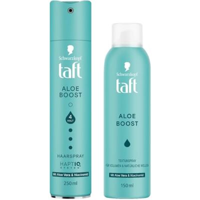 TAFT Laque (250ml) & Spray Texturant (150ml) Aloe Boost, Tous Types de Cheveux, Volume & Ondulation Naturelle, Spray Volume à l'Aloe Vera & Niacinamide pour des looks sans effort TAFT Laque (250ml) & Spray Texturant (150ml) Aloe Boost, Tous Types de Cheveux, Volume & Ondulation Naturelle, Spray Volume à l'Aloe Vera & Niacinamide pour des looks sans effort