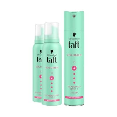 TAFT Schwarzkopf Mousse coiffante volume (2 x 150 ml) Degré de tenue 4 Mousse capillaire pour cheveux fins Volume : 250 ml Formule végétalienne TAFT Schwarzkopf Mousse coiffante volume (2 x 150 ml) Degré de tenue 4 Mousse capillaire pour cheveux fins Volume : 250 ml Formule végétalienne