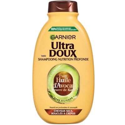 Garnier Ultra Doux Shampooing pour cheveux secs, bouclés à crépus À l'huile d'avocat et du beurre de karité Texture crémeuse et souple 400 ml Pour homme et femme Garnier Ultra Doux Shampooing pour cheveux secs, bouclés à crépus À l'huile d'avocat et du beurre de karité Texture crémeuse et souple 400 ml Pour homme et femme