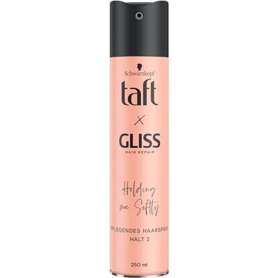 TAFT Spray coiffant Gliss Holding me Softly Tenue 2 (250 ml) Tenue flexible pour tous les types de cheveux Laque sans silicone avec huile d'argan et provitamine B5 TAFT Spray coiffant Gliss Holding me Softly Tenue 2 (250 ml) Tenue flexible pour tous les types de cheveux Laque sans silicone avec huile d'argan et provitamine B5
