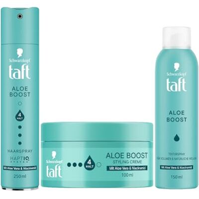 TAFT Spray coiffant (250 ml) & spray texturant (150 ml) & crème coiffante (100 ml) à l'aloe boost, tous les types de cheveux, pour un volume et des ondulations naturelles, avec de l'aloe vera et de la TAFT Spray coiffant (250 ml) & spray texturant (150 ml) & crème coiffante (100 ml) à l'aloe boost, tous les types de cheveux, pour un volume et des ondulations naturelles, avec de l'aloe vera et de la