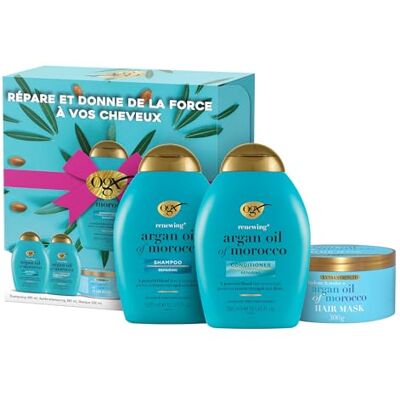 OGX Coffret Soin Cheveux Huile d'Argan du Maroc (Shampooing + Après-Shampooing + Masque) – Soins capillaires pour cheveux secs et abîmés – Sans sulfate ni parabènes OGX Coffret Soin Cheveux Huile d'Argan du Maroc (Shampooing + Après-Shampooing + Masque) – Soins capillaires pour cheveux secs et abîmés – Sans sulfate ni parabènes