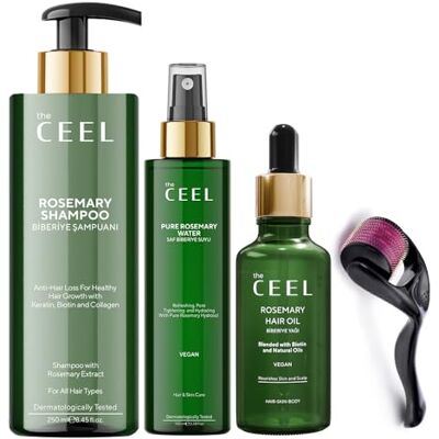 The Ceel Super Kit de soin des cheveux – Huile capillaire au romarin + eau pour cheveux au romarin + shampooing au romarin + rouleau Derma – Effet maximal contre la chute des cheveux, les cheveux The Ceel Super Kit de soin des cheveux – Huile capillaire au romarin + eau pour cheveux au romarin + shampooing au romarin + rouleau Derma – Effet maximal contre la chute des cheveux, les cheveux