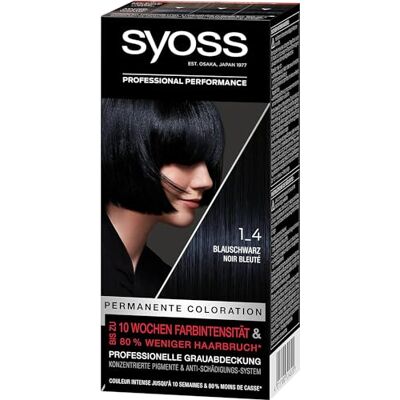 Syoss Color Coloration 1_4 Bleu Noir Niveau 3 (3 x 115 ml), coloration permanente pour cheveux jusqu'à 10 semaines d'intensité de couleur et 80% de casse des cheveux en moins* Syoss Color Coloration 1_4 Bleu Noir Niveau 3 (3 x 115 ml), coloration permanente pour cheveux jusqu'à 10 semaines d'intensité de couleur et 80% de casse des cheveux en moins*